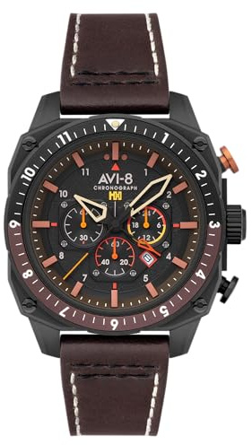 AVI-8 Men's 44mm Hawker Hunter Atlas Dual Time Chronograph Soot Black Watch with Leather Strap AV-4100-08