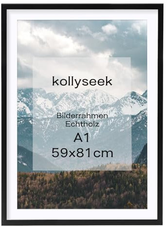 kollyseek Bilderrahmen DIN A1 Schwarz Echtholz mit Passepartout Pine Holz Rahmen mit Bruchsicherem Acrylglas Kieferholz Fotorahmen schwarz bilderrahmen picture frame