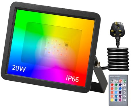 Phlbao 20W LED Floodlight Outdoor, 220V Colour Changing Flood Lights with Remote Control, 16 RGB Colours, Timing, 4 Modes, IP66 Waterproof