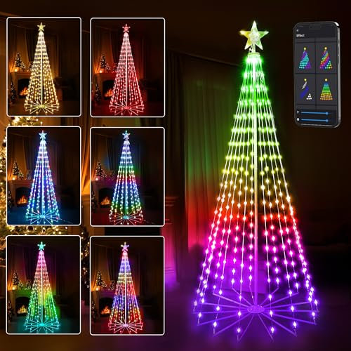 BrizLabs Inteligente Luces Árbol de Navidad con Estrella, 265 LED RGB Guirnalda Luces Cónico Exterior Interior Decoración Navideña Multicolor, Control de APP (188cm)