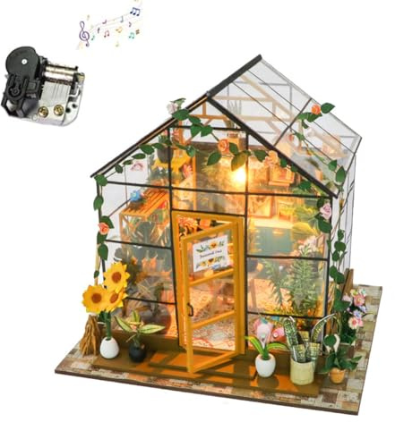 iiecrKiie DIY Miniature Dollhouse Kit, Build Greenhouse Diorama Kit Building Set with LED Room Hobby Craft for Aduls Uniue Gifts for Teens, Coloured