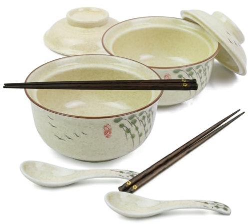 Ceramic Ramen Bowl Tableware Set for 2 Person, Japanese Style Retro Ramen Bowls Set 800ml Noodle Bowl with Chopsticks and Spoons, Asian Soup Bowls with Lid for Microwave & Dishwasher Safe, Twig