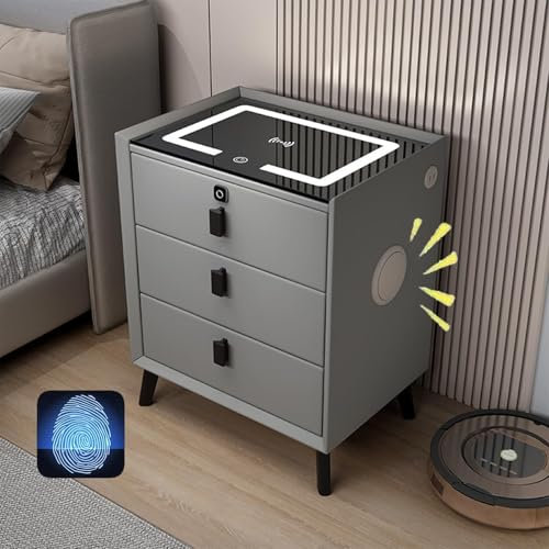 LUIVZD Intelligent Nightstand, Bluetooth Speaker Side Table,Multifunction Audio Cabinet,Nightstands Wireless Charging Station/2 USB Port LED Lights(GREY,3drawers)