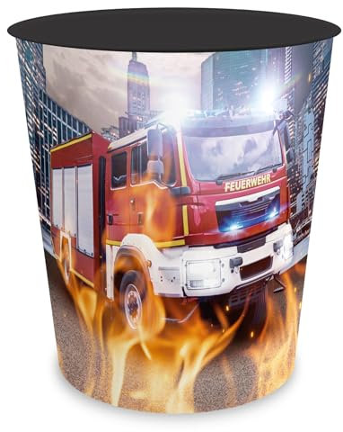itenga Papierkorb für Kinder mit Motiv - rund ca. 11 Liter - Mülleimer fürs Kinderzimmer - stabiler Kunststoff (Motiv Feuerwehr)