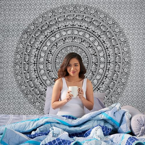 Craft Trade Mandala Schwarz und Weiß Wandteppich Indische Wandtuch Tapestry Wandbehang Boho Wandteppiche für Heimdeko Wohnzimmer und Schlafzimmer - 76 x 102 cm