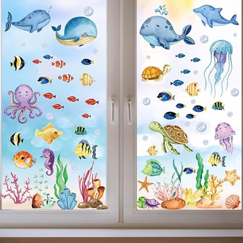 9 pegatinas autoadhesivas para ventanas, animales marinos pegatinas de pared pegatinas para ventanas de baño pegatinas reutilizables para la decoración del cuarto de baño de los niños