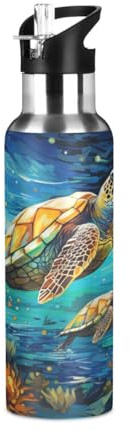 Niigeu Tortue De Mer Colorée Bouteille d'eau Isotherme avec Paille en Acier Inoxydable Gourde, Sans BPA Gourdes Eau pour Enfant Sport Randonnée École Bureau (600ml/1L)