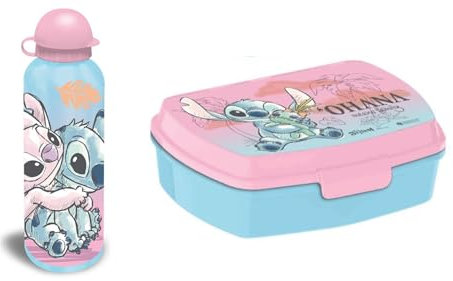Genérico Set de Fiambrera/Sandwichera Stitch + Botella Aluminio 500 ml - Set para el almuerzo compatible con Disney Stitch (Stitch y Angel)
