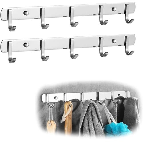 ERBO 2 Stück Hakenleiste Edelstahl, Garderobenleiste mit 6 Haken, Kleiderhaken Wand für Küche, Wandgarderobe, Schlafzimmer, Badezimmer (Silber, 31cm)