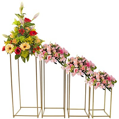 HuKaiL 4 Stück Gold Blumenständer Metall, Hochzeitsvase Blumensäule Quadratisch, Goldvasen Säule Dekosäule Pflanzenständer für Hochzeit Herzstück Tische Wohnzimmer Cafe, 45/60/75/90cm