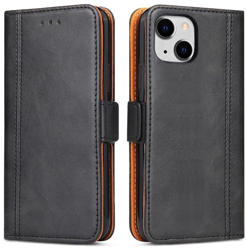 Bozon Handyhülle für iPhone 14, iPhone 13 Leder Handytasche Kartenfach Klappständer Magnetisch Lederhülle für Apple iPhone 14/ iPhone 13 Hülle, Schwarz