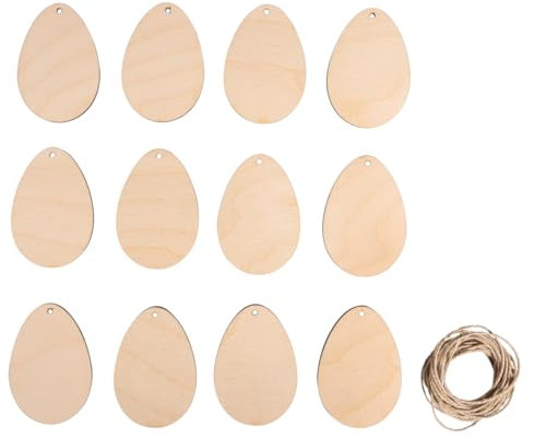 Rayher Holz-Eier,12 Stück, natur, 4,5 x 6,5 cm, mit Kordel, Ostereier, Osterdekoration, Holz FSC zertifiziert, 46779505