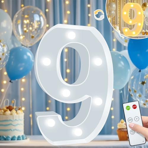 Vimlits Light Up Numbers 9th Birthday Decorations for Girls, LED Number Lights Lighted Number Sign for Party Backdrop Wedding Anniversary Remote Wall Table Decor - Cool White & Warm White 9