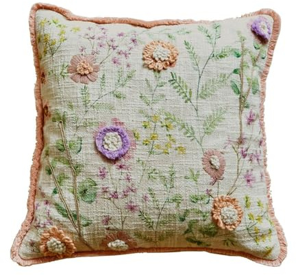 Loberon Kissenhülle Lailah, bunt | Blumenstickerei in 3D-Optik, Zarter Fransensaum, Rustikaler Look, Kissenbezug, Wohntextilien, Wohn-Accessoire, Baumwolle