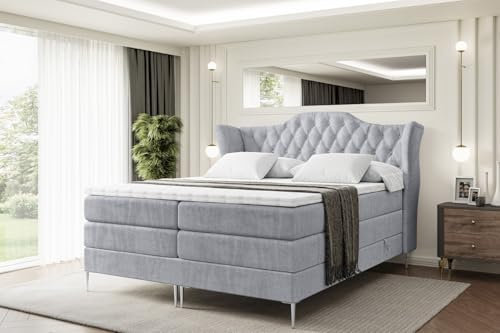 ALTDECOR Boxspringbett mit Silber Füßen, Matratze und Lattenrost, Topper, Polsterbett mit Bettkasten, Bett mit Stauraum H3- und H4- Matratze, Doppelbett -Vila-FS KING-180x200 - Grau Monolith