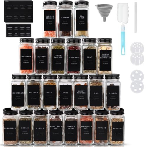 FoiiLiio Bocaux à Épices, 24 x 120ml Pot à Épices en Verre avec Étiquettes d'épices Françaises, Boite a Epices Cuisine Rangement avec Tamis, 243 Étiquettes, Stylo, Entonnoir