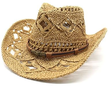 Nlaayong Chapeau de cowboy/cowgirl en paille cowboy panama avec bande occidentale/ouest unisexe taille unique homme femme été coachella plage style coachella brésilien Bohême Indiana Raphia naturel
