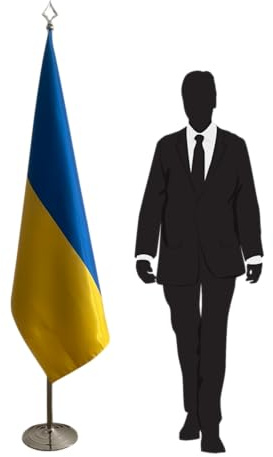 Ukraine Flagge für den Innenbereich - Stabiler Sockel und Stahlmast in Silber-Finish, Größe:100x150cm, Ideal für Büro, Schule, Offizielle Veranstaltung - Code CN1-UA-L