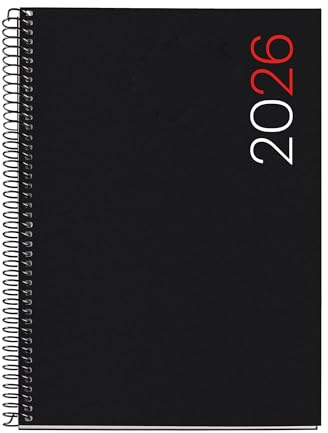 Miquelrius Wochenkalender 2026 DIN A5+ (155 x 213 mm), Softcover aus Polypropylen, Spiralbindung, 80 g/m² Papier, Wochenplaner, ES-EN-PT, schwarz