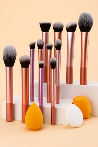 Lot de 15 pinceaux de maquillage, pinceau à poudre, pinceau blush, pinceau à fond de teint, pinceau fard à paupières, pinceau estompeur, pinceau contour, éponge de maquillage, houppette blanche pour