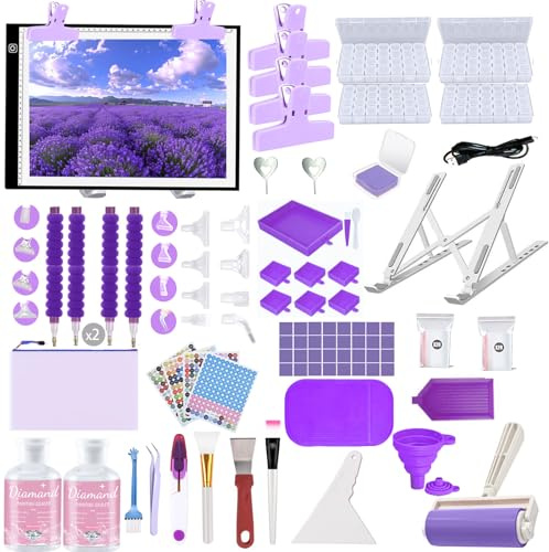 DNSGOOR 247Pcs All Inclusive Diamond Painting Accessoires Kit Broderie Diamond Painting avec A3 LED Diamant Dimmable Light Pad Artisanat Diamond Pen Correction Craft Boîte de Rangement