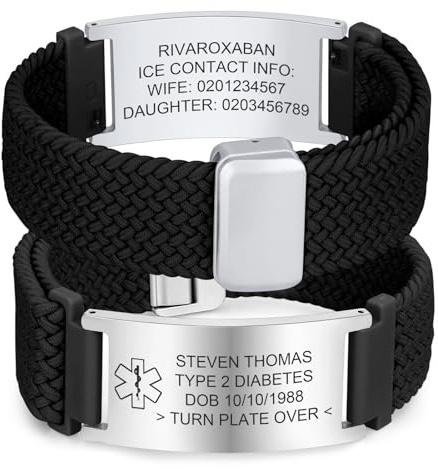 FLHEART Personalisierte Notfallarmband Medizinisches Alarm Armband - Elastische Verstellbare SOS ID Armband mit Gravur Diabetes Epilepsie Allergie Telefonnummer Notfall Armbänder Herren Damen