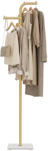 GUOHNHE Modern Metall Garderobenständer mit Rock Base, 180 cm, Goldgelb | Platzsparend Kleiderbügel Stand, Freistehend Baumförmiger Kleiderstand, Stabil Doppelsäulen Kleiderstange für Räume