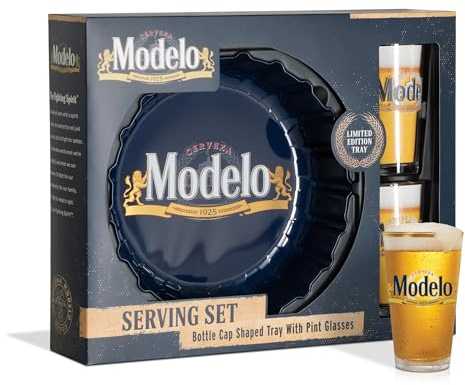 Marketplace Brands Modelo Beer Serving Set with Bottle Cap Shaped Tray and Pint Glasses