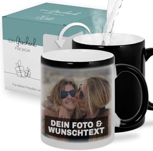 Farbwechseltasse personalisiert mit Foto & Text – Zaubertasse | Magic Mug schwarz zu weiß | Individuelle Kaffeetasse, Kaffeebecher & Geschenkidee | Schwarz Standard mit Geschenkkarton Geschenk