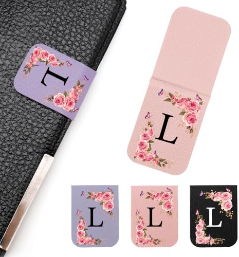 WALLFID 3er Set Personalisiertes Magnetisches Lesezeichen aus Leder, Stilvolle mit Buchstaben und Blumen Design, Magnet Lesezeichen für Frauen, Lehrer, Leser und Buchliebhaber (L)