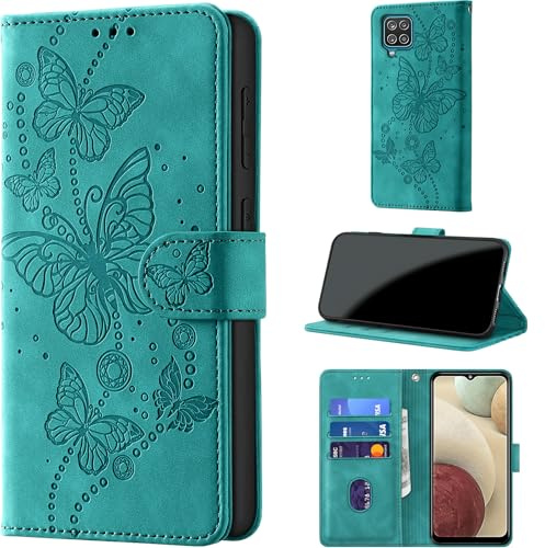 for Samsung Galaxy A12 Wallet Case Flip, Turquoise | RFID Blocking, 3 Card Holder Stand, Shockproof TPU Shell, PU Leather Magnetic Closure