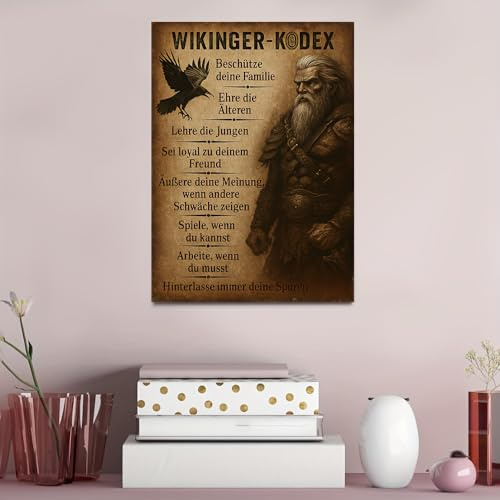 GLWDME 1 Stück 60x80cm Wikinger Code Leinwand Wandkunst Vintage Deutscher Text Wikinger Gesetze Leinwand Gemälde Poster und Drucke Wandbild für Wohnzimmer Schlafzimmer Esszimmer Büro (ohne Rahmen)