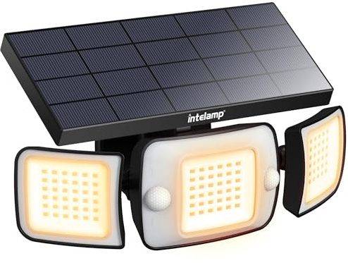 intelamp Lumiere Solaire Exterieur à Lumière Chaude | 3 Modes Projecteur Solaire Exterieur Detecteur de Mouvement, Lampe Solaire Étanche