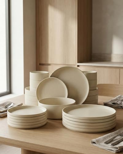 BAVARY servizio piatti 25 pezzi, set piatti 6 persone con piatti ceramica beige effetto granito opaco e lucido, oltre a piatti moderni e piatti colorati con ciotole; adatti a lavastoviglie e microonde