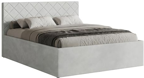 Meblofun Polsterbett Matelasse mit Kopfteil, 160x200 cm, Doppelbett mit Bettkasten und Lattenrost aus Holz, Velourstoff, Farbe: Hellgrau