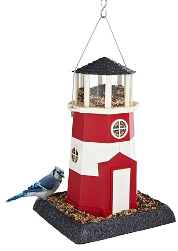 North States Village Collection - Large Red/White Lighthouse Bird Feeder: Hanging Bird Feeder for Outdoors, Holds 8 Pounds of Seed