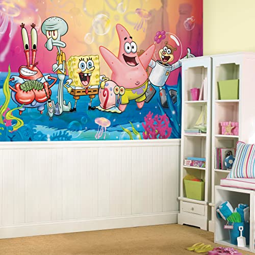 RoomMates JL1411M Spongebob Schwammkopf, wasseraktiviert, abnehmbar, Wandbild, 3,2 x 1,8 m, 1,8 x 3,5 m, mehrfarbig