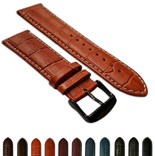 Herren-Uhrenarmband, Krokodilleder-Optik, gepolstert, 24 mm, Braun / Weiß