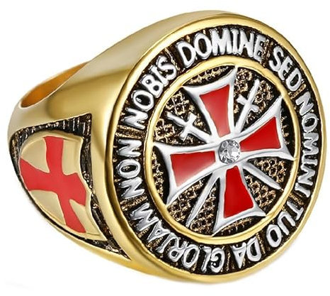 BOBIJOO JEWELRY - Chevalière Bague Anneau Homme Chevalier Templier Or Doré Argent Acier 316L Plaqué Croix Rouge Email - 22,6 (13 US)