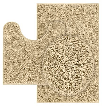 TREETONE Chenille-Badematten-Set, 3-teilig, WC-Vorleger-Set, 50,8 x cm, U-förmiger WC-Vorleger & 81,3 Teppich 1 Deckelbezug, weich, wasserabsorbierend, Plüsch-Teppiche für Badewanne, Dusche Bad, beige