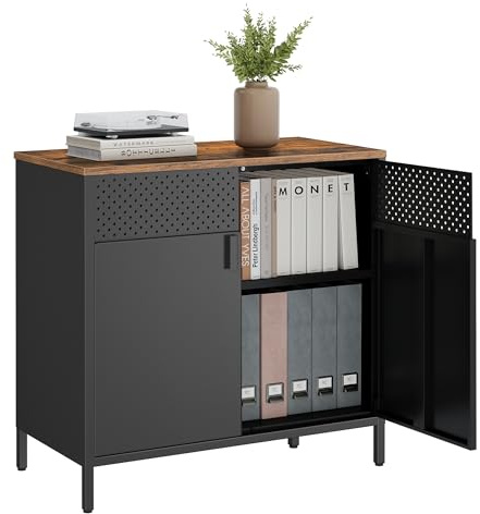 SONGMICS Storage Cabinet, Metal Cabinet, Sideboard with 2 Doors, 15.7 x 31.5 x 29.9 Inches, Magnetic Closure, Adjustable Shelf, Steel Frame, Rustic Brown and Black ULSC102B01
