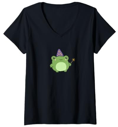 Damen Niedlicher Frosch-Zaubererhut Cottagecore Aesthetic T-Shirt mit V-Ausschnitt