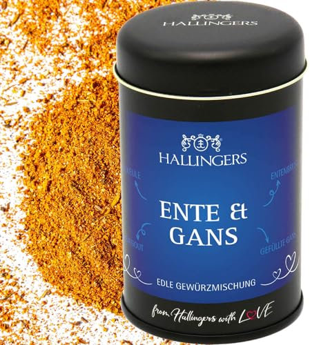 Hallingers Ente & Gans - Gewürz-Mischung für Ente, Gans & Fasan (Dose) - Geschenk im Sommer & als perfektes Grillgeschenk | Neues Zuhause Ruhestand Genesung
