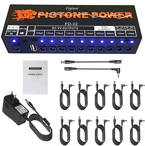 Fuente de alimentación de pedal de guitarra 10 salidas de CC aisladas para pedal de efecto 9V/12V/18V con puerto USB PD-02