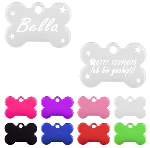 Iberiagifts - Hundemarke Knochen mit Gravur und Sternefür sehr kleine Welpen - Hunde - Katzen Haustier Plakette Anhänger Halsband Medaillon graviert personalisiert (Silber)