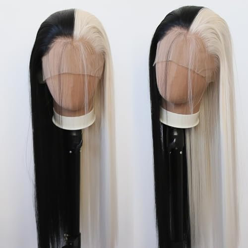Towarm Lange, glatte, halb schwarze, halb Platin-Kunsthaar-Perücke, Lace-Front-Perücke, vorgezupfter natürlicher Haaransatz mit Babyhaar, für Damen, Cosplay und den täglichen Gebrauch