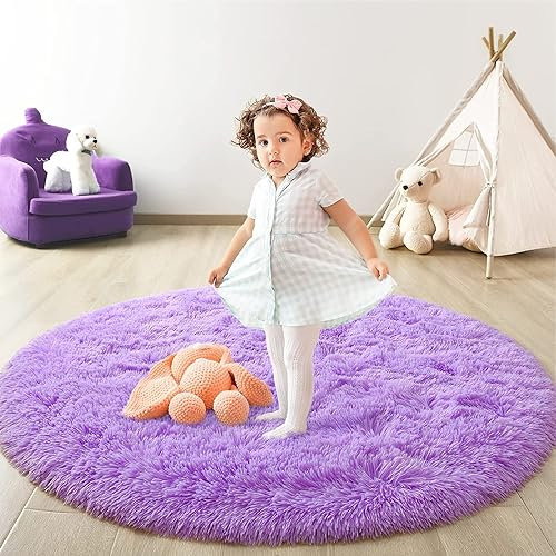 Shaggy Hochflor Teppich Rund für Kinderzimmer Wohnzimmer Schlafzimmer Langflor Teppich Hochwertig Hohe Pflegeleicht Fadendichte Flauschiger kinderteppich für Kinder Mädchen((Violett, 153cm)
