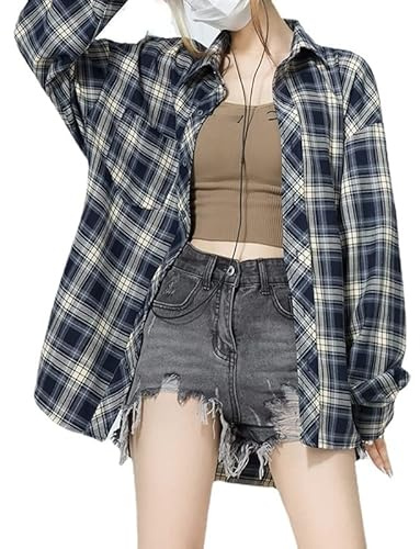 Y2K Chemise à carreaux en flanelle pour femme Motif fée grunge à manches longues, noir foncé, 38