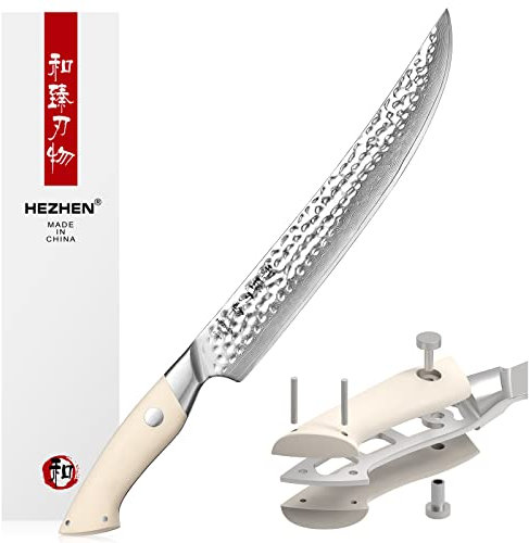 HEZHEN 25,5CM Acero de Damasco Cuchillos de Trinchar, Cuchillos para la Carne Cuchillos Cocina, Mango G10 Blanco Marfil