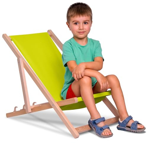 DreamRoots Kinder Liegestuhl Holz klappbar Outdoor, Lime | Klappbarer Campingstuhl, faltbar, für Garten & Strand, bis 130 kg, waschbarer Bezug, 100% Polyester, UV-beständig
